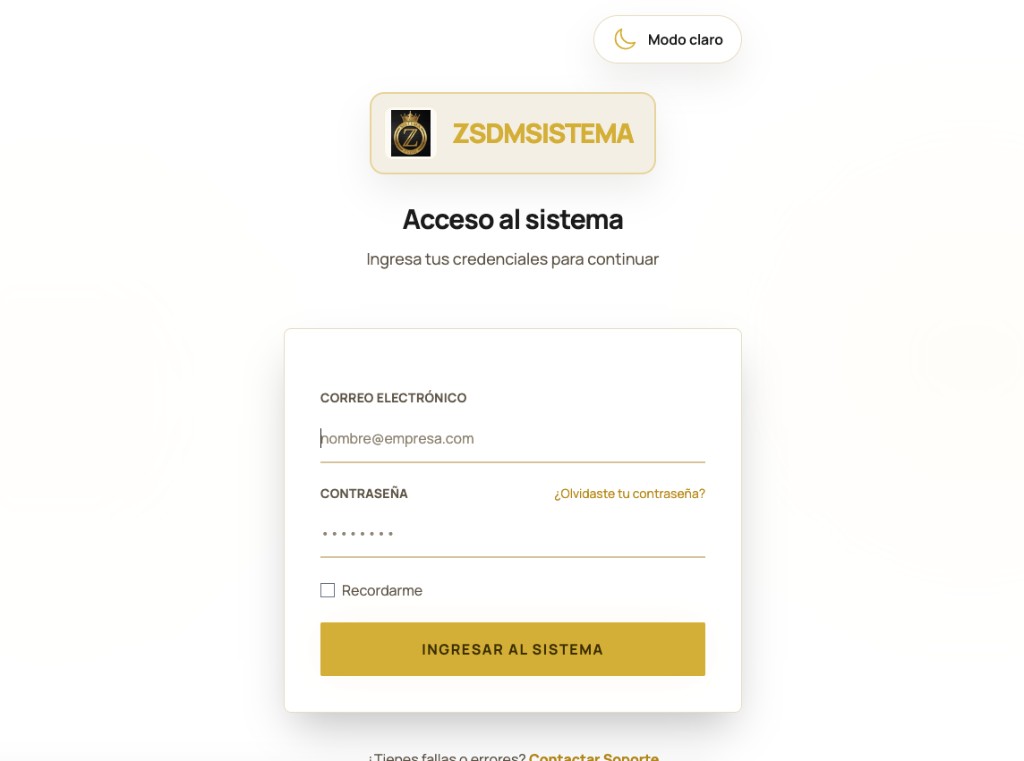 Captura de la plataforma ZSDMSistema — 02 login light